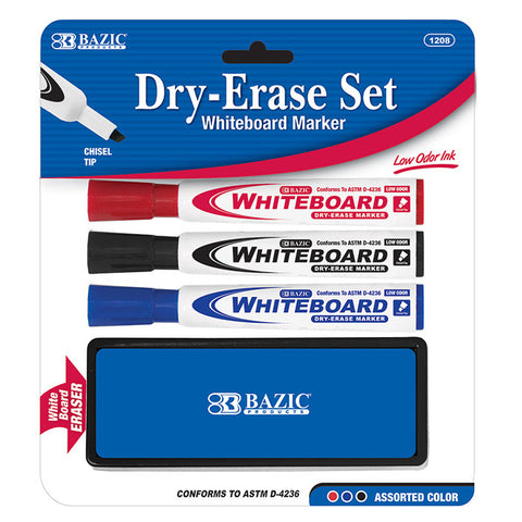 BAZIC 3 Asst. Color Chisel Tip Dry Erase Marker w/ Eraser