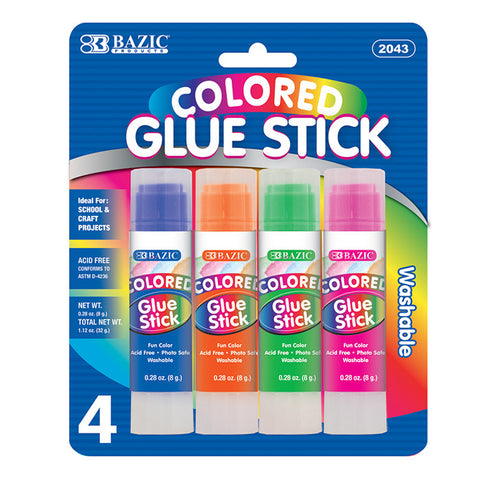 BAZIC 8g / 0.28 Oz Washable Colored Glue Stick (4/Pack)