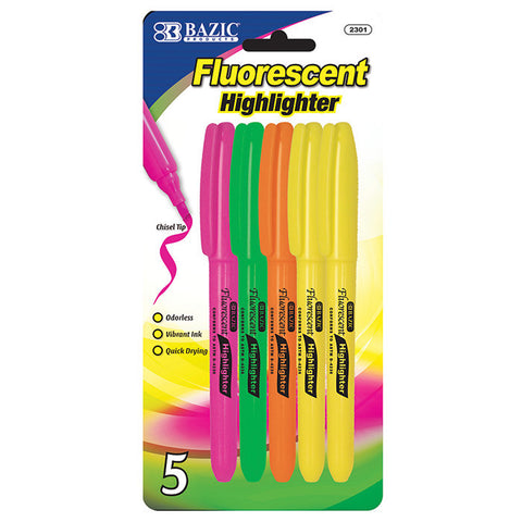 BAZIC Pen Style Fluorescent Highlighter w/ Pocket Clip (5/Pack)