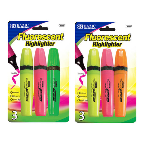 BAZIC Fluorescent Highlighters w/ Pocket Clip (3/Pack)