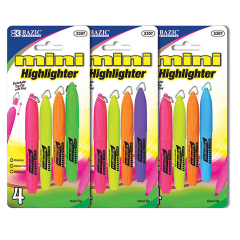 BAZIC Mini Fluorescent Highlighter w/ Cap Clip (4/Pack)