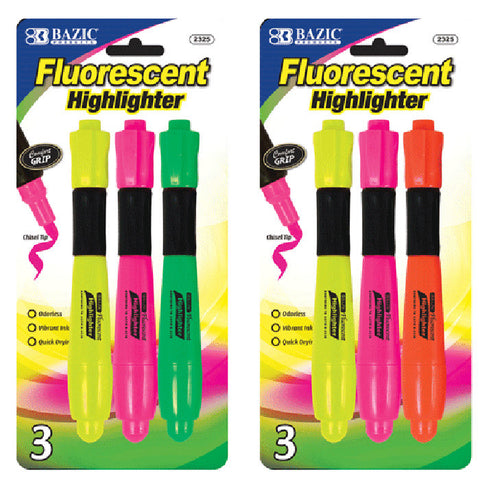 BAZIC Desk Style Fluorescent Highlighters w/ Cushion Grip (3/Pack)