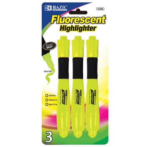 BAZIC Yellow Desk Style Fluorescent Highlighters w/ Cushion Grip (3/Pack)