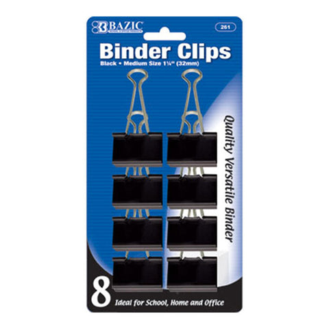 BAZIC Medium 1 1/4" (32mm) Black Binder Clip (8/Pack)