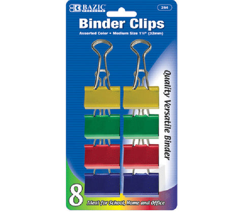 BAZIC Medium 1 1/4" (32mm) Assorted Color Binder Clip (8/Pack)