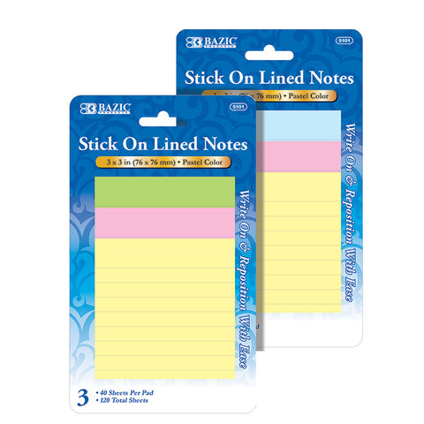 BAZIC 40 Ct. 3" X 3" Lined Stick On Notes (3/Pack)