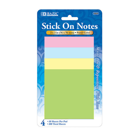 BAZIC 50 Ct. 3" X 3" Stick On Note (4/Pack)