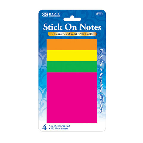 BAZIC 40 Ct. 3" X 3" Neon Stick On Notes (4/Pack)
