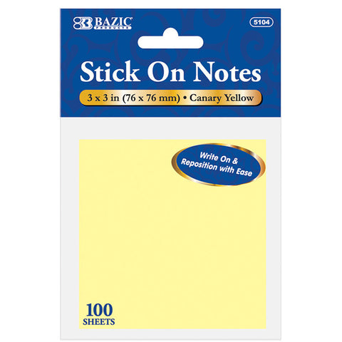 BAZIC 100 Ct. 3" X 3" Yellow Stick On Notes