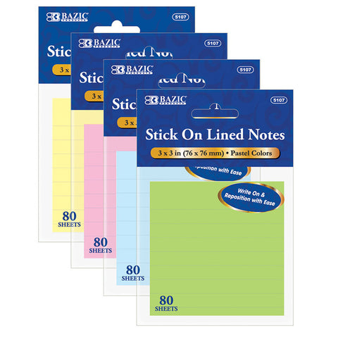BAZIC 80 Ct. 3" X 3" Lined Stick On Notes
