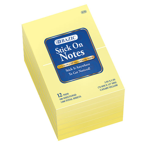 BAZIC 100 Ct. 3" X 5" Yellow Stick On Notes (12/Shrink)