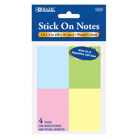 BAZIC 100 Ct. 1.5" X 2" Stick On Notes (4/Pack)