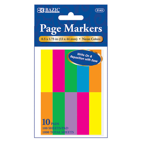BAZIC 100 Ct. 0.5" X 1.75" Neon Page Marker (10/Pack)