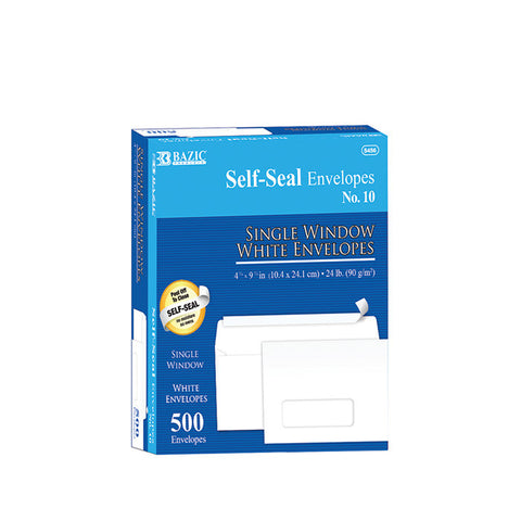 BAZIC #10 Self-Seal White Single Window Envelopes (500/Box)